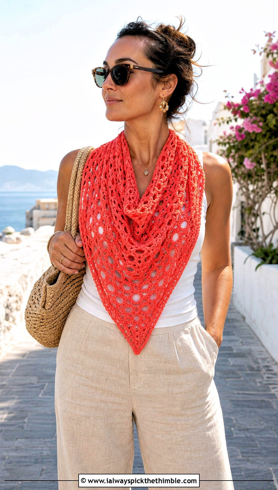 Triangle Bandana Crochet Scarf With Tank Top And Linen Pants - 20 Tiny Crochet Scarf outfit ideas
