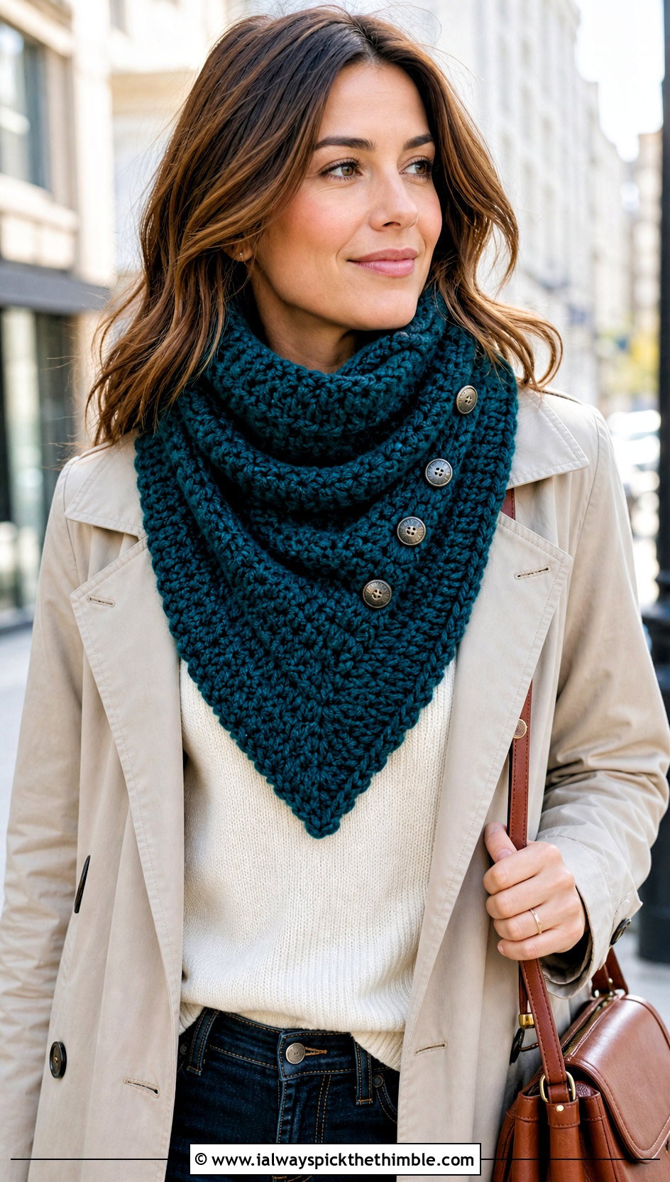 Triangle Bib Button Cowl With Trench Coat - 20 crochet button cowl outfit ideas