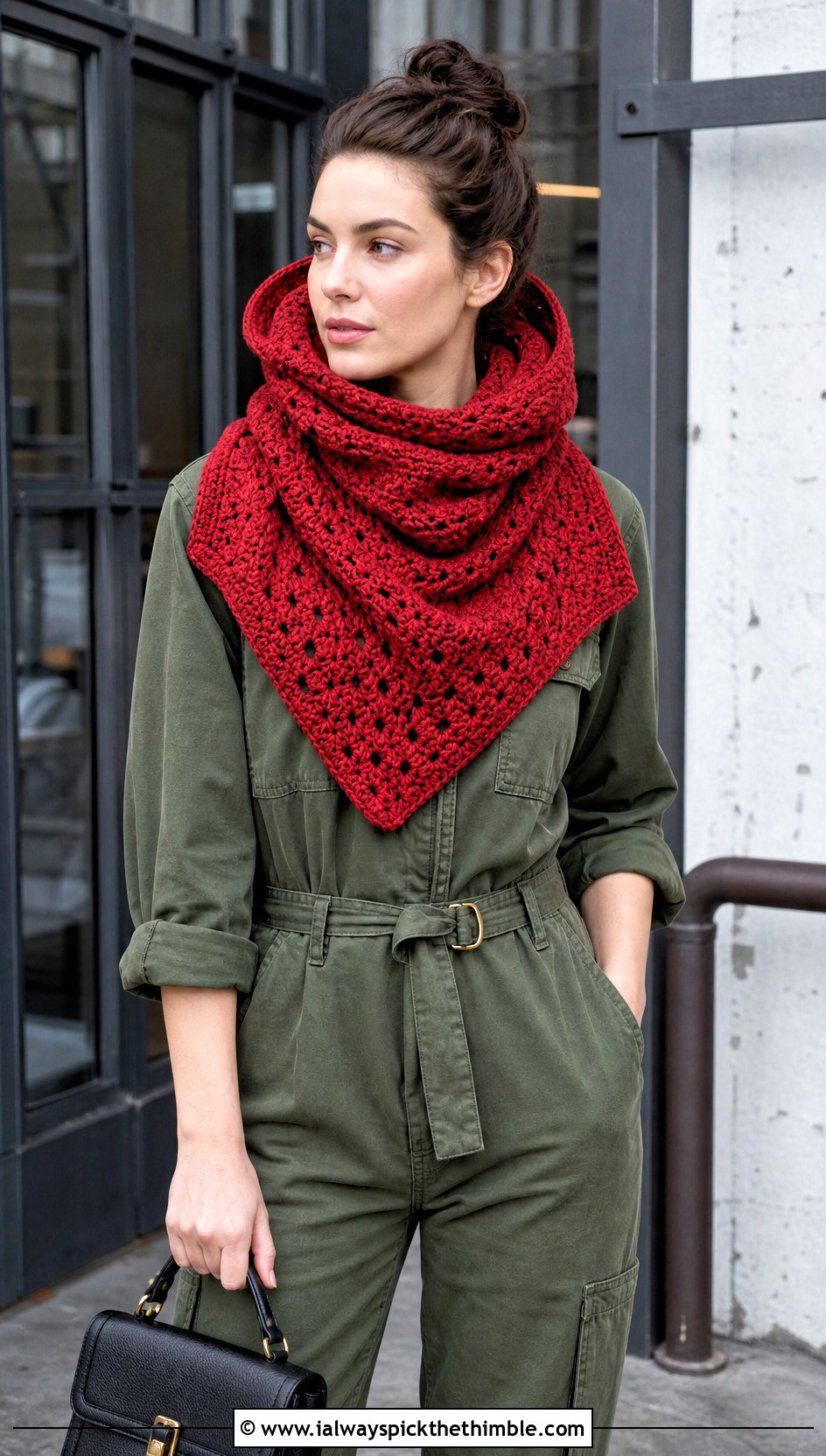 Triangle Bib Hooded Crochet Cowl Snood With Utility Jumpsuit - 20 hooded crochet cowl snood outfit ideas