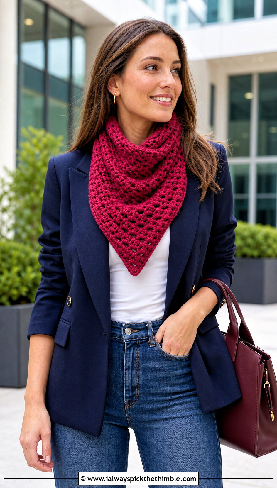 Triangle Bulky Crochet Scarf With Blazer And Jeans - 20 bulky crochet scarf outfit ideas