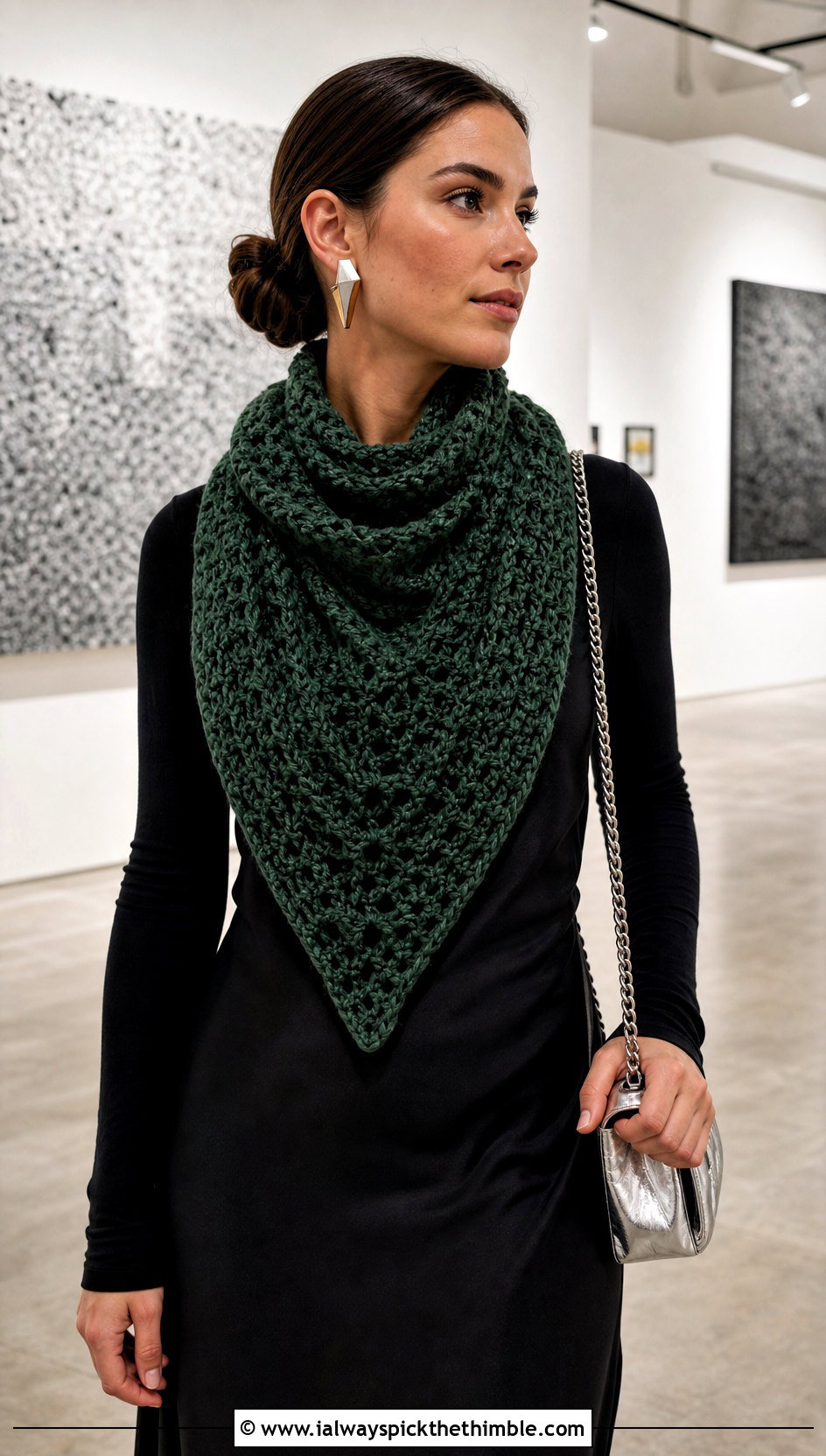 Triangle Bulky Yarn Crochet Scarf With Slip Dress - 20 bulky yarn crochet scarf outfit ideas