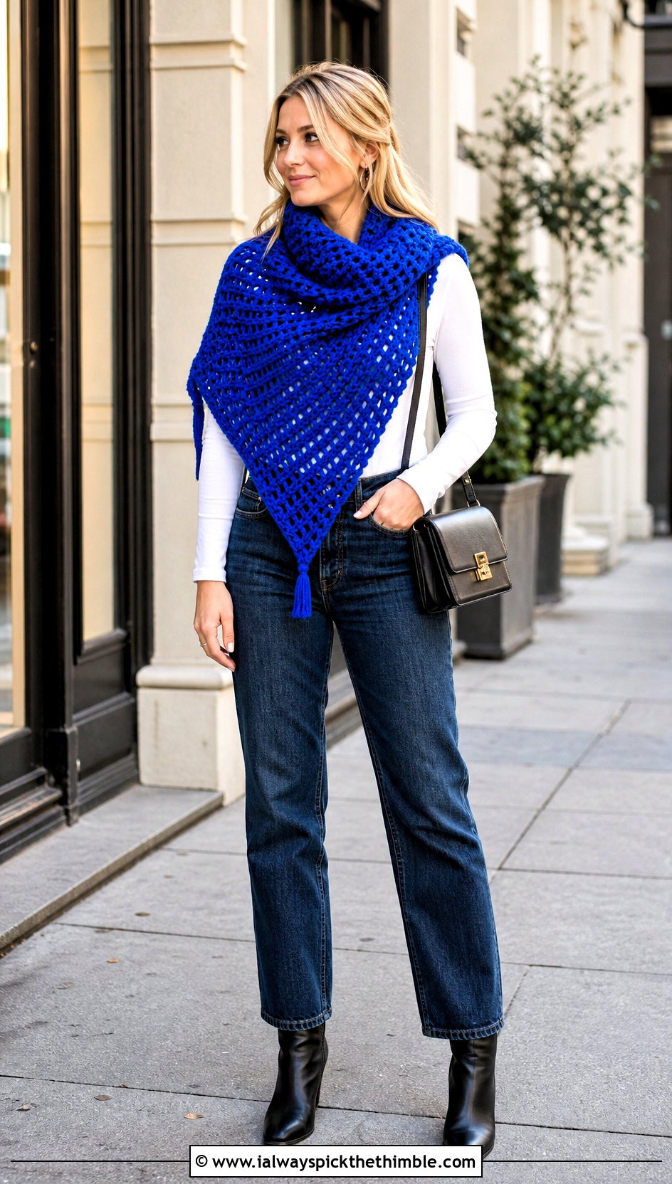 Triangle Bulky Yarn Crochet Shawl With Straight Leg Jeans - 20 Bulky Yarn Crochet Shawl outfit ideas