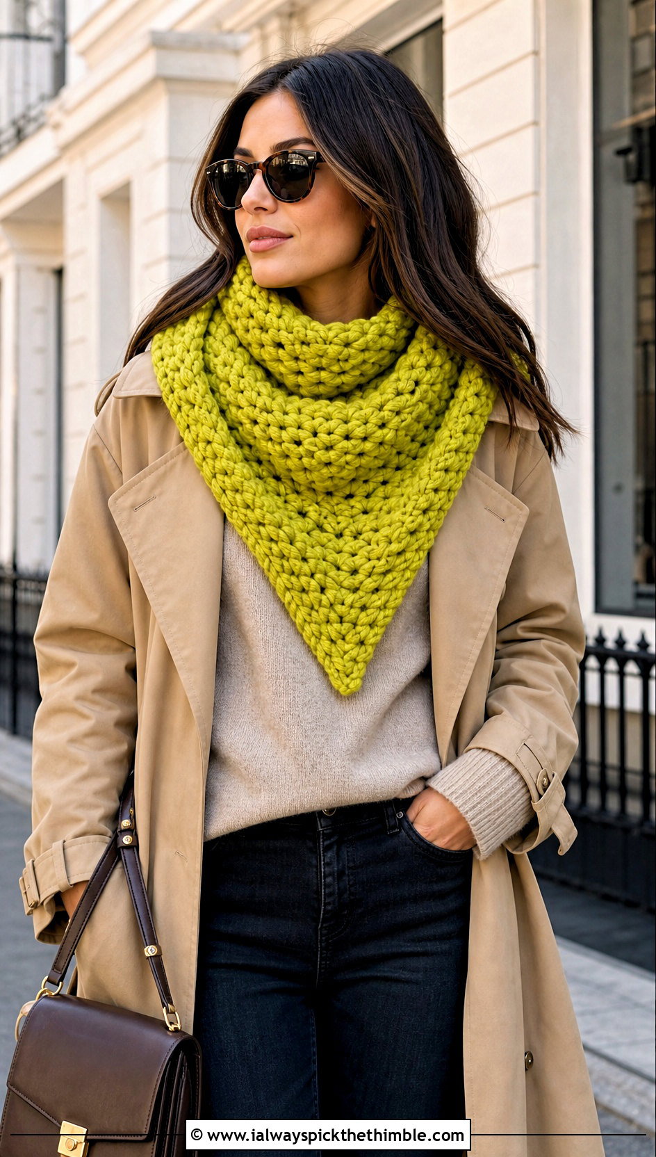 Triangle Chunky Crochet Scarf With Trench Coat - 25 chunky crochet scarf outfit ideas