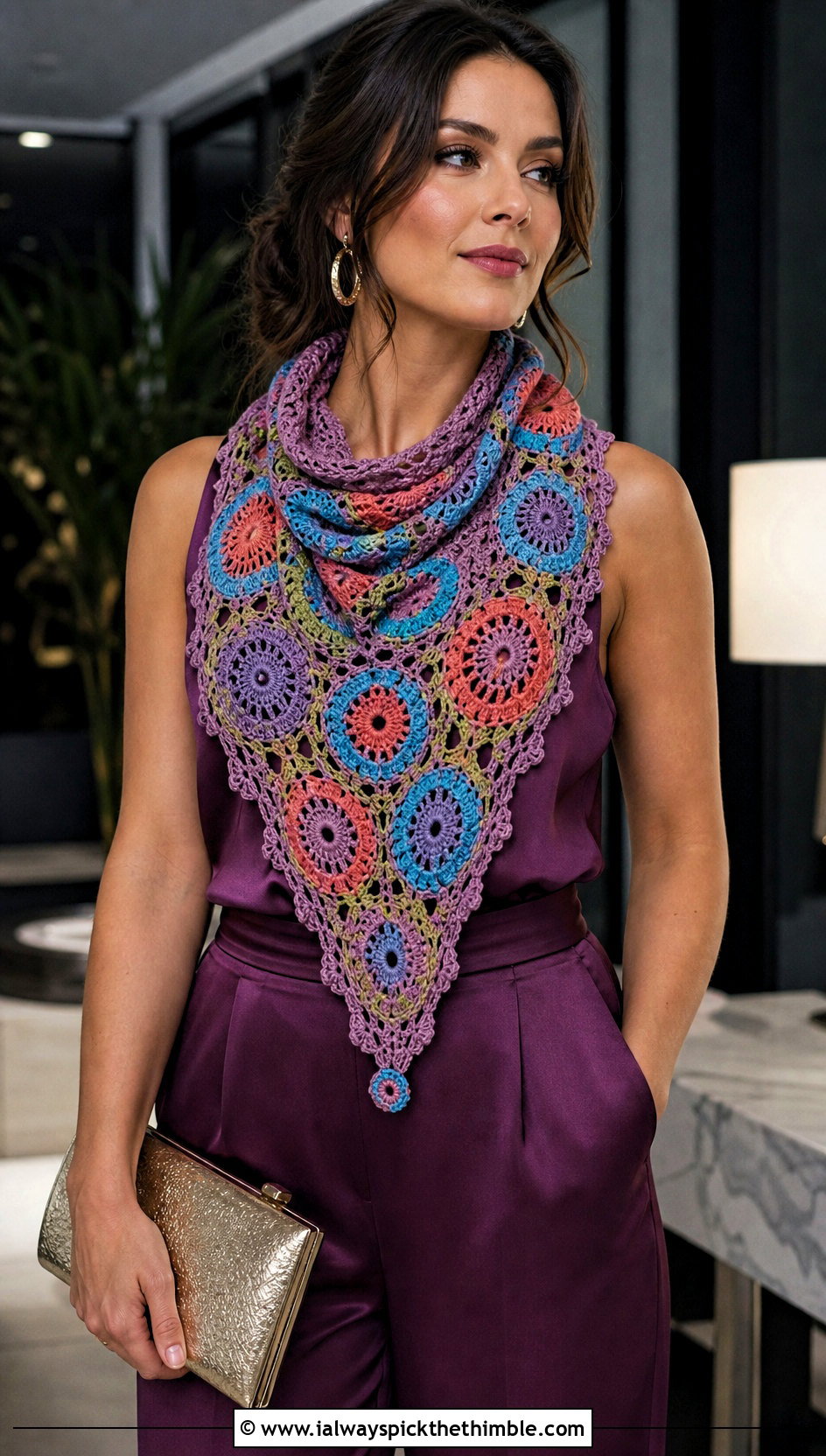 Triangle Circle Motif Crochet Scarf With Satin Jumpsuit And Heels - 15 crochet scarf with colorful circles outfit ideas