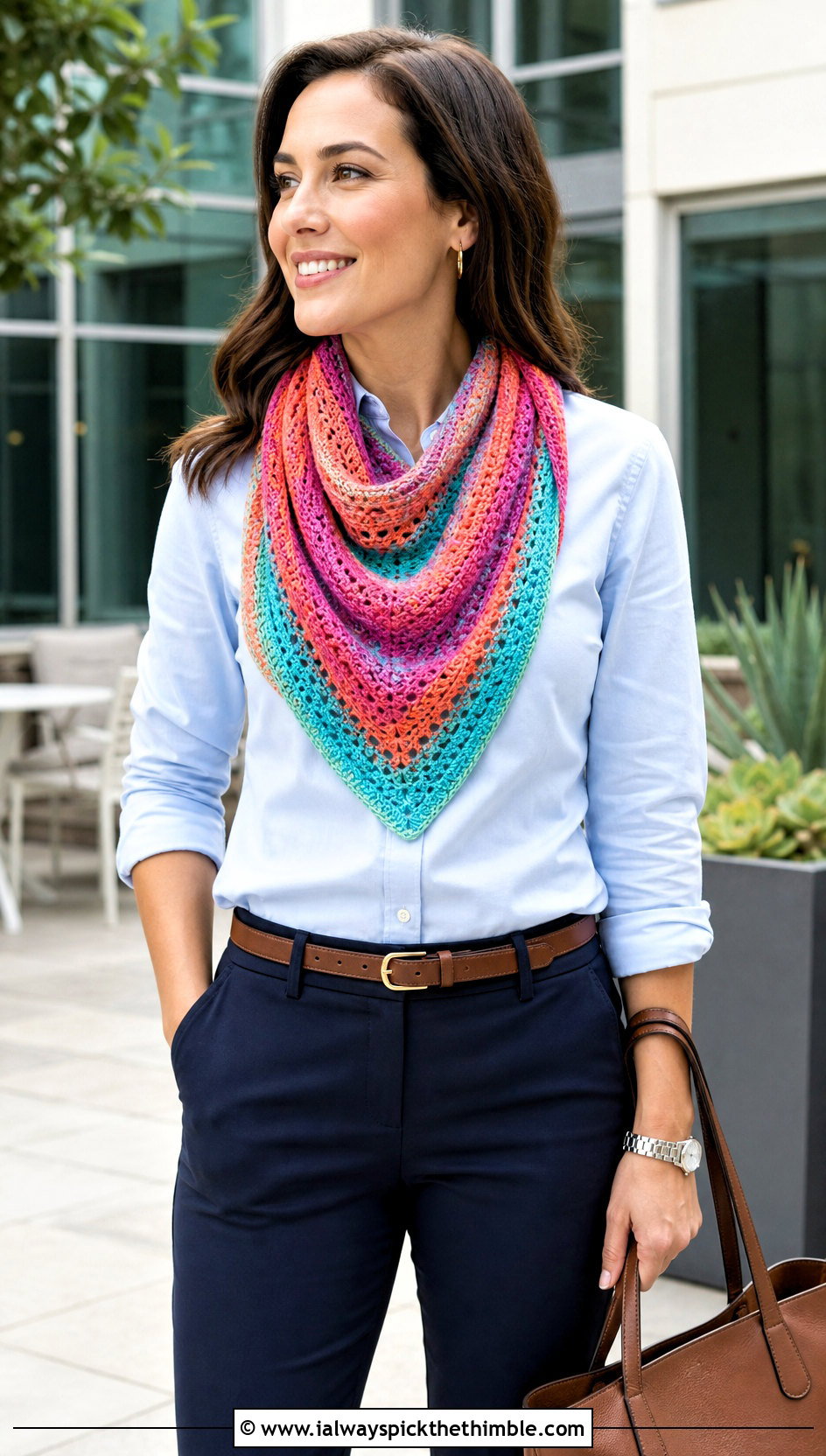 Triangle Crayon Scarf With Button Down Shirt - 15 Crochet Crayon Scarf outfit ideas