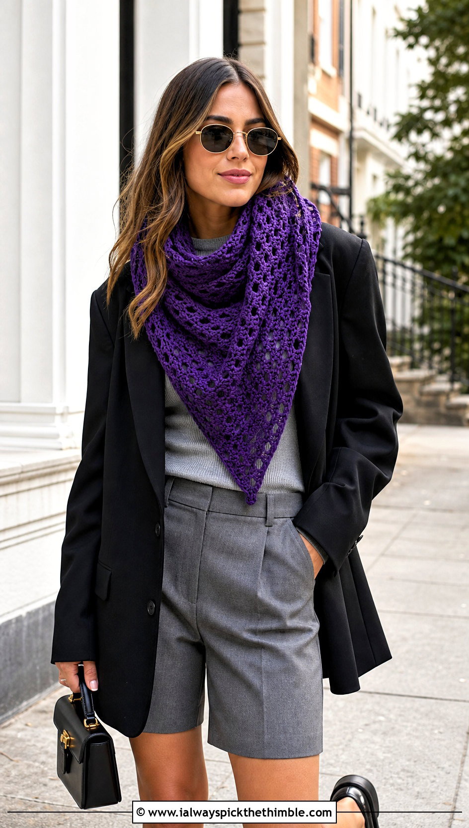 Triangle Crochet Blanket Scarf With Blazer And Shorts - 25 crochet blanket scarf outfit ideas