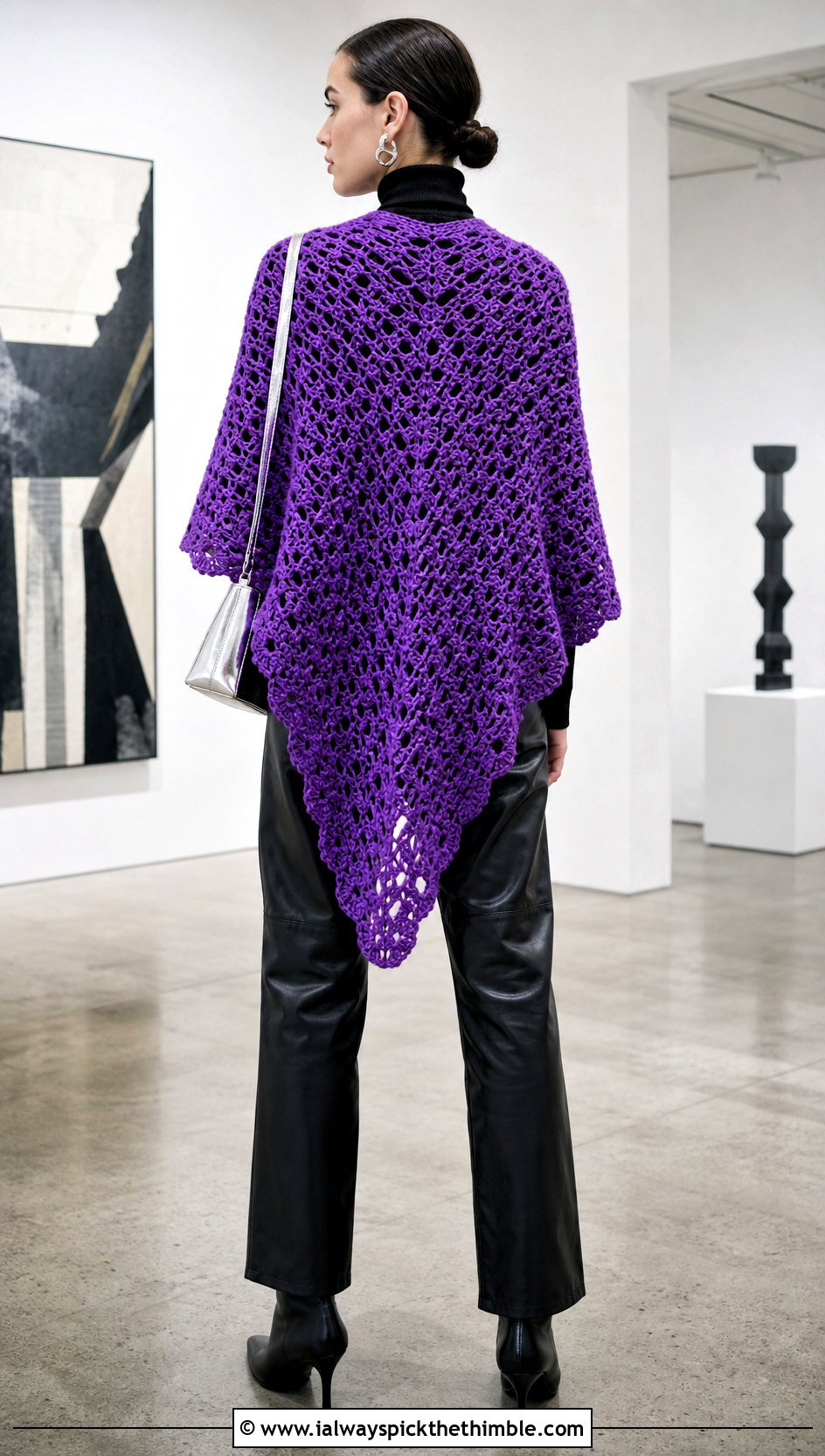 Triangle Crochet Blanket Shawl With Leather Pants - 20 crochet blanket shawl outfit ideas