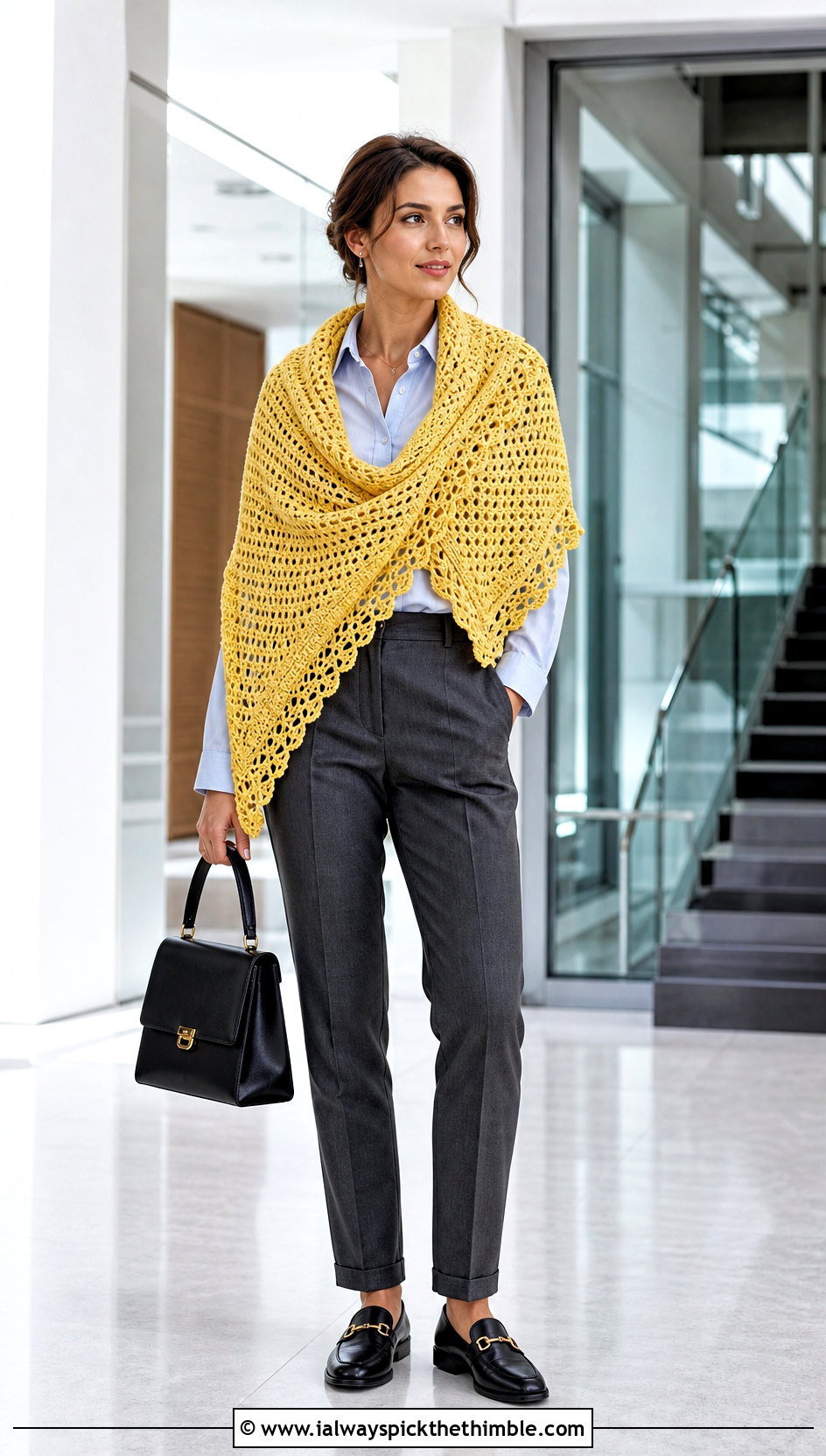 Triangle Crochet Blanket Shawl With Tailored Trousers - 15 Crochet Shawl Blanket outfit ideas