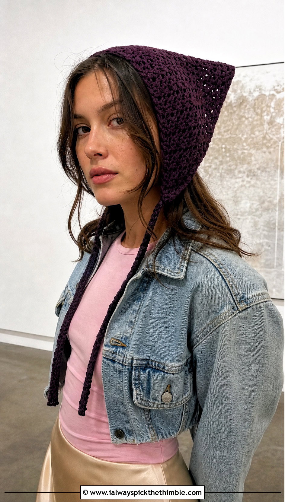 Triangle Crochet Bonnet With Satin Slip Skirt - 20 Easy Crochet Bonnet outfit ideas