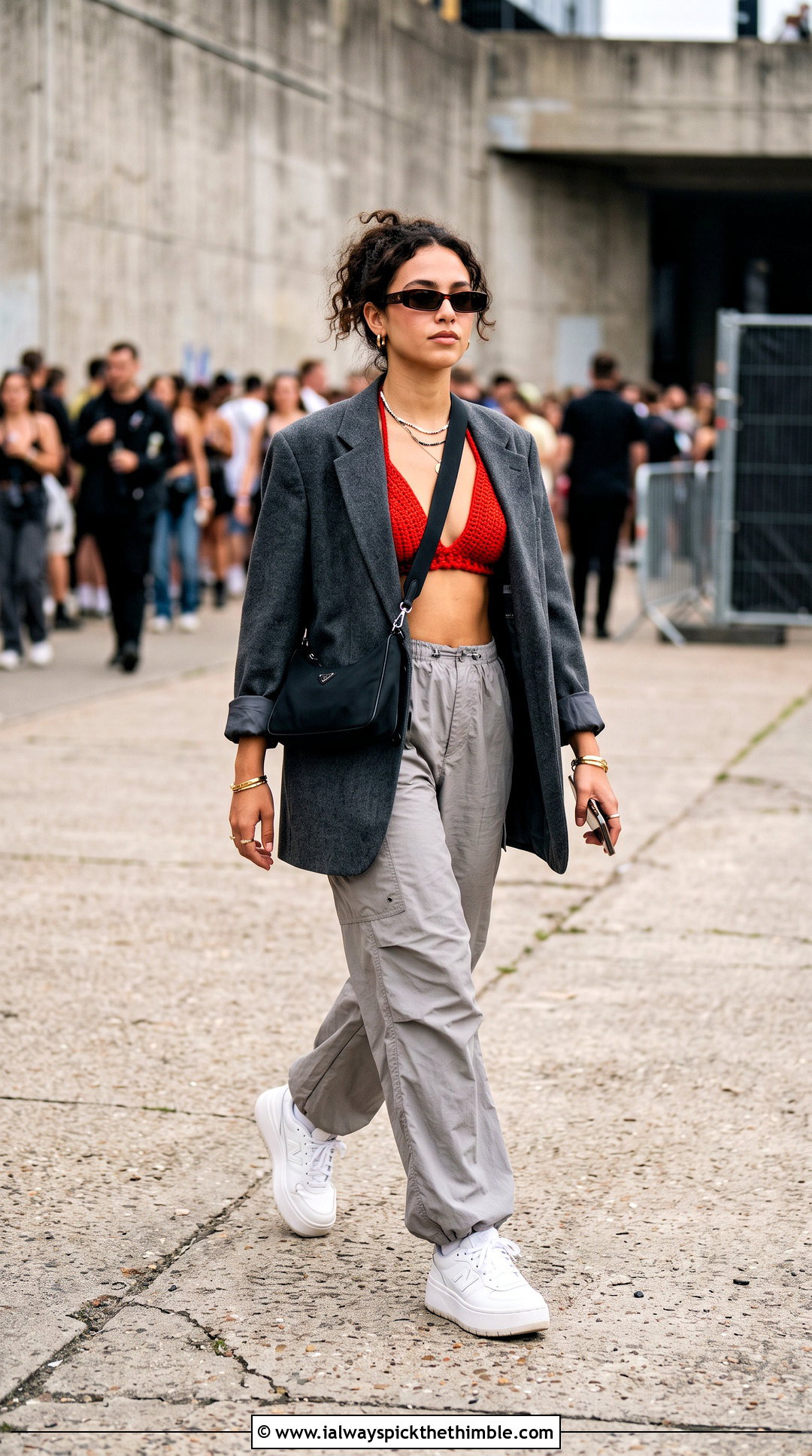 Triangle Crochet Bralette Top With Blazer And Parachute Pants - 20 Strappy Crochet Top outfit ideas