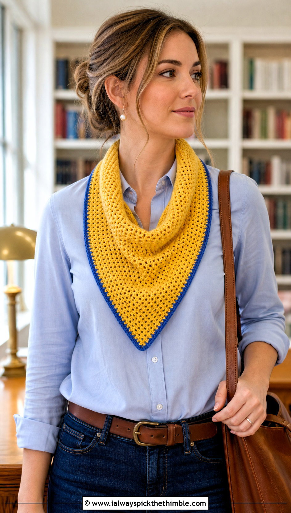 Triangle Crochet Candy Scarf With Button Down And Jeans - 15 crochet candy scarf outfit ideas