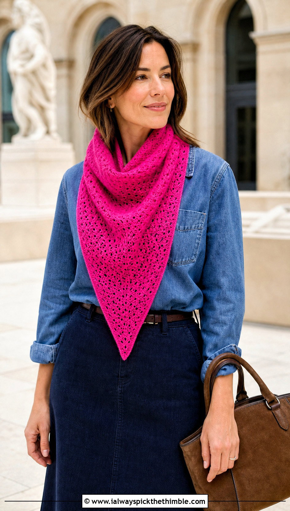 Triangle Crochet Cashmere Scarf With Denim Shirt - 20 crochet cashmere scarf outfit ideas