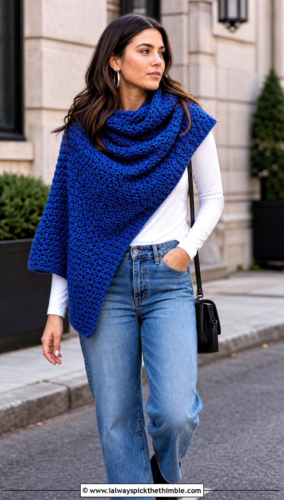 Triangle Crochet Chunky Shawl With Straight Leg Jeans - 20 Crochet Chunky Shawl outfit ideas