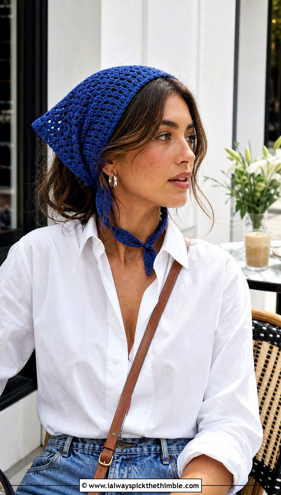 Triangle Crochet Hair Wrap With White Shirt And Jeans - 20 crochet hair wraps outfit ideas