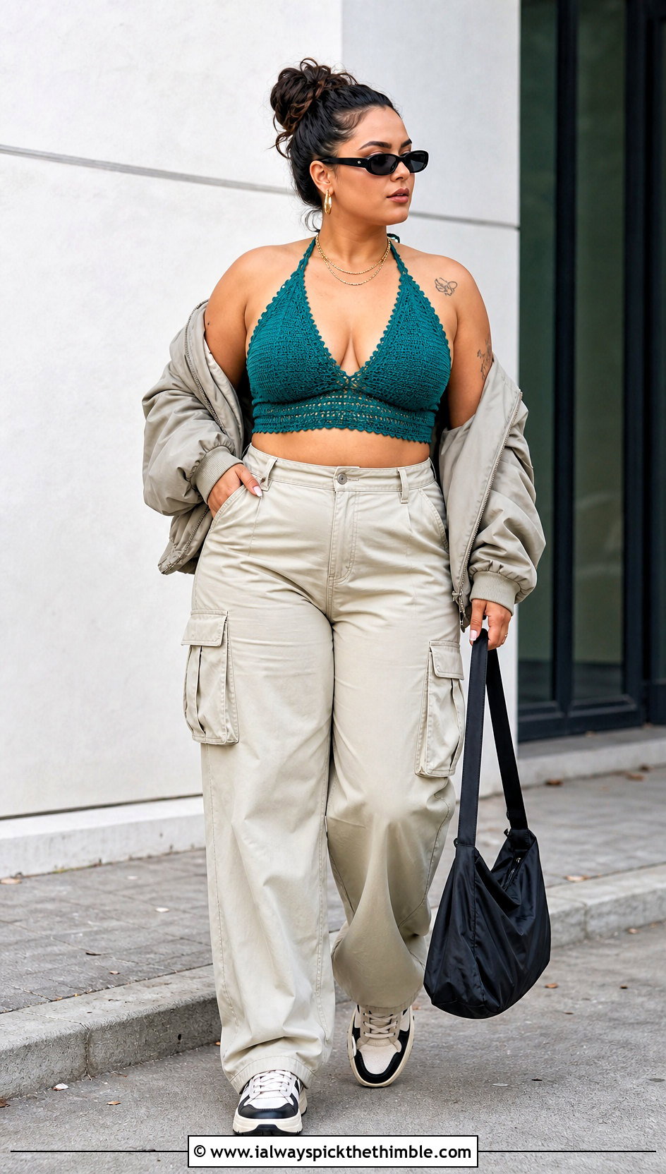 Triangle Crochet Halter Neck With Cargo Pants - 20 crochet halter neck outfit ideas