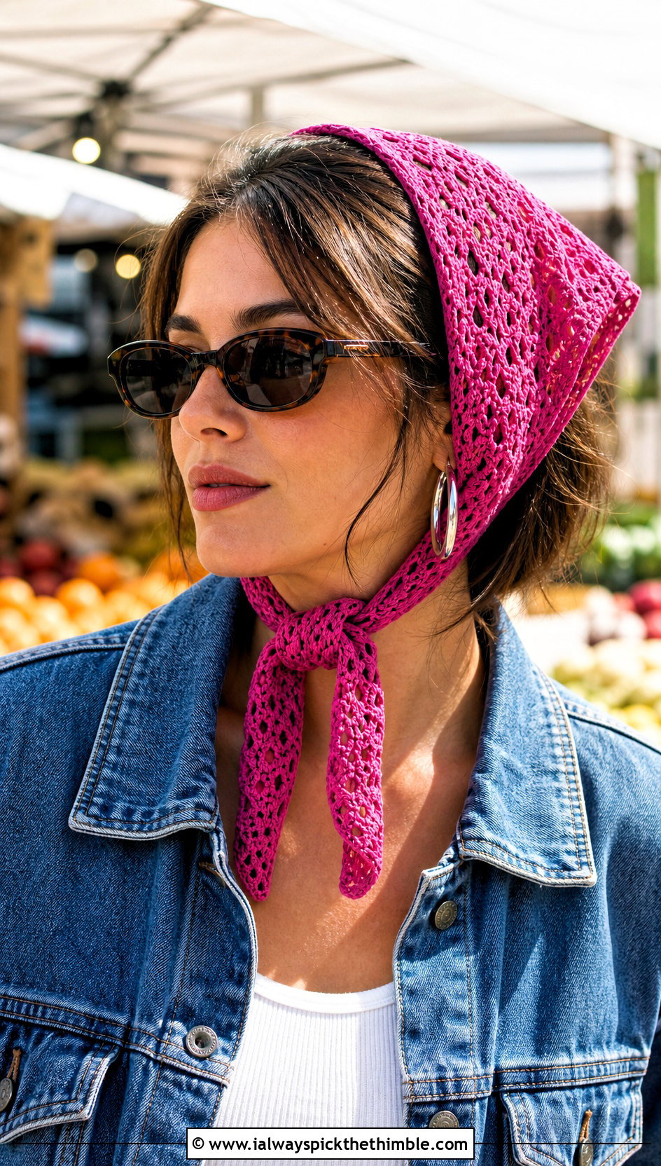 Triangle Crochet Headscarf With Denim Jacket - 20 Crochet 90S Outfit ideas