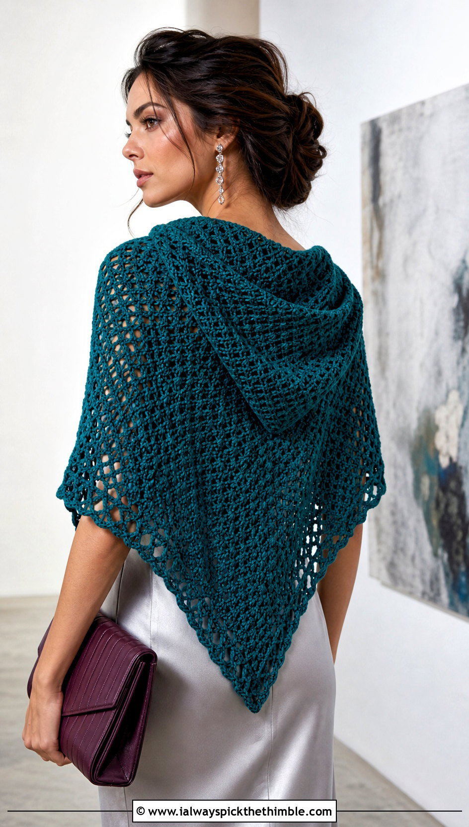 Triangle Crochet Hooded Shawl With Satin Slip Dress - 25 crochet hooded shawl outfit ideas
