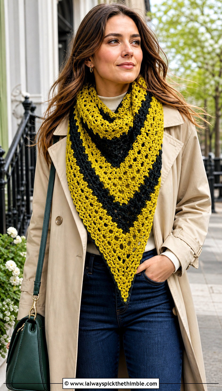 Triangle Crochet Hufflepuff Scarf With Trench Coat - 20 crochet hufflepuff scarf outfit ideas