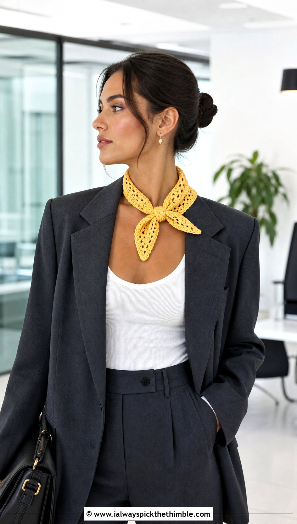 Triangle Crochet Kerchief With Blazer And Trousers - 15 elegant crochet scarf design outfit ideas