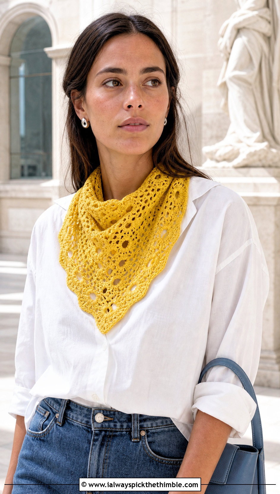 Triangle Crochet Kerchief With White Shirt - 25 easy one skein crochet scarf outfit ideas