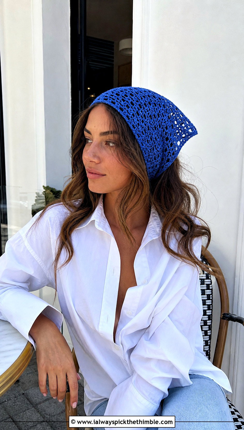 Triangle Crochet Kerchief With White Shirt And Jeans - 15 crochet head wraps outfit ideas