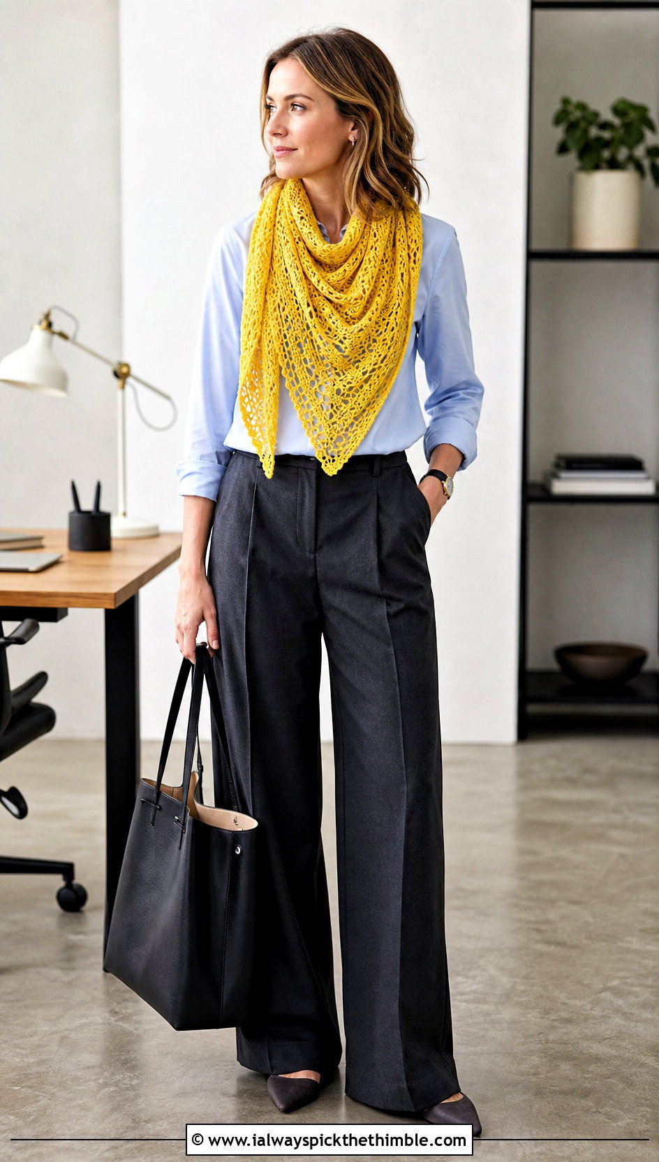 Triangle Crochet Lace Scarf With Button Down Shirt And Trousers - 20 easy crochet lace scarf outfit ideas
