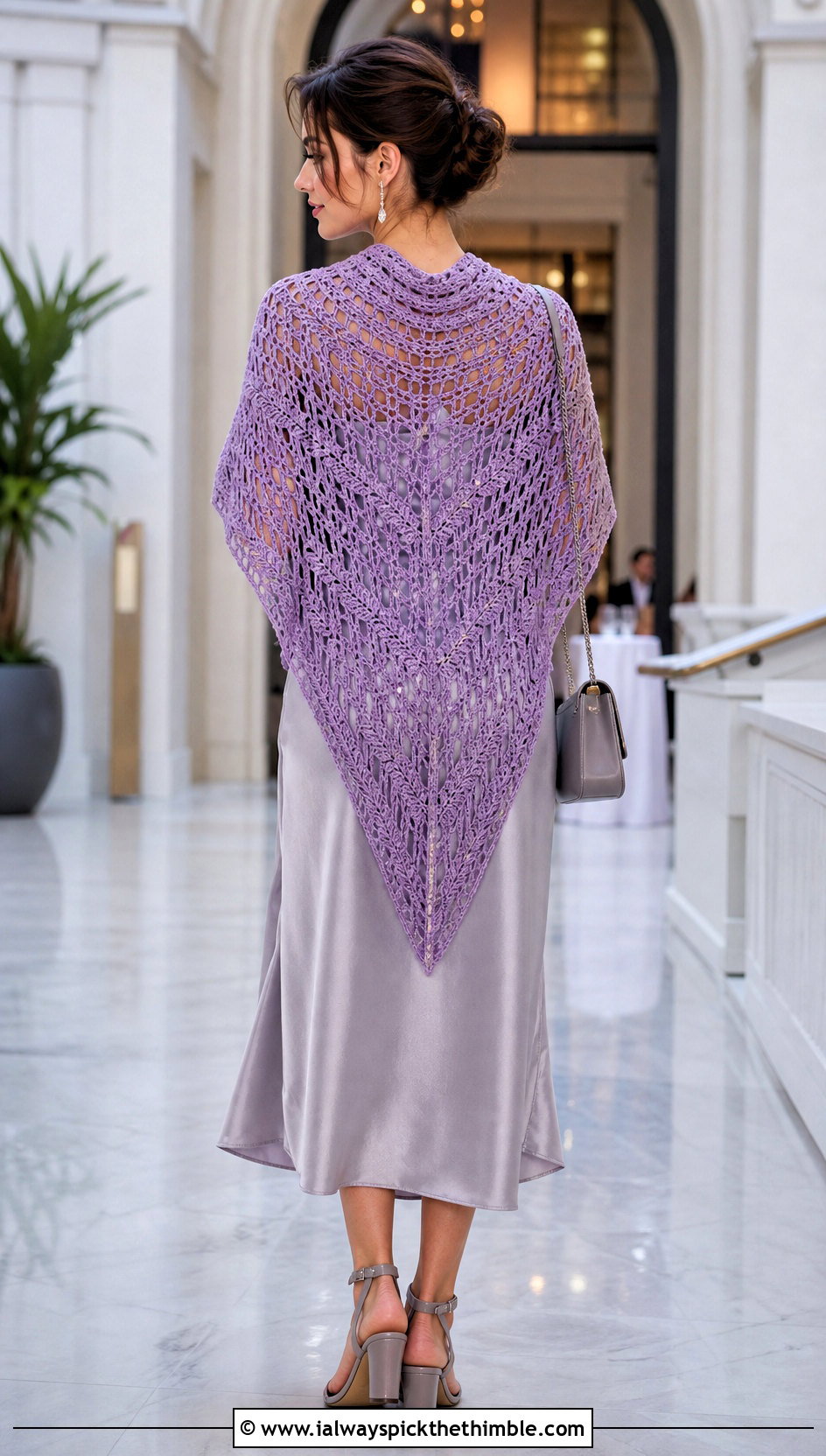 Triangle Crochet Long Shawl With Satin Slip Dress - 20 Crochet Long Shawl outfit ideas