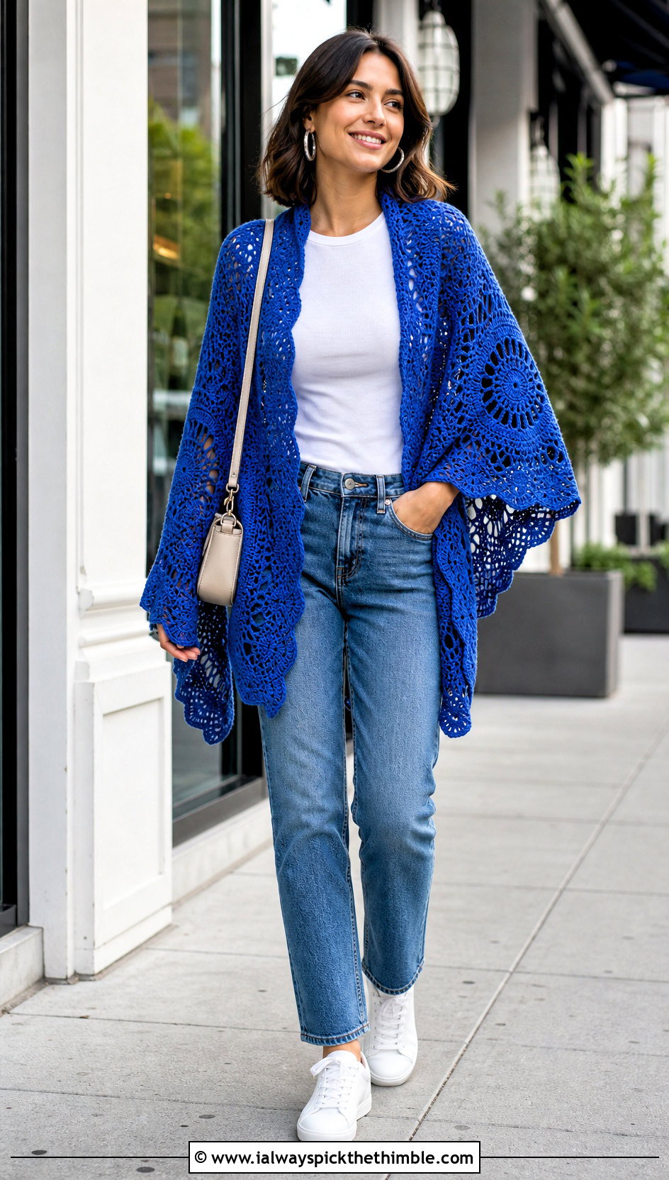 Triangle Crochet Mandala Shawl With Straight Leg Jeans - 20 Crochet Mandala Shawl outfit ideas