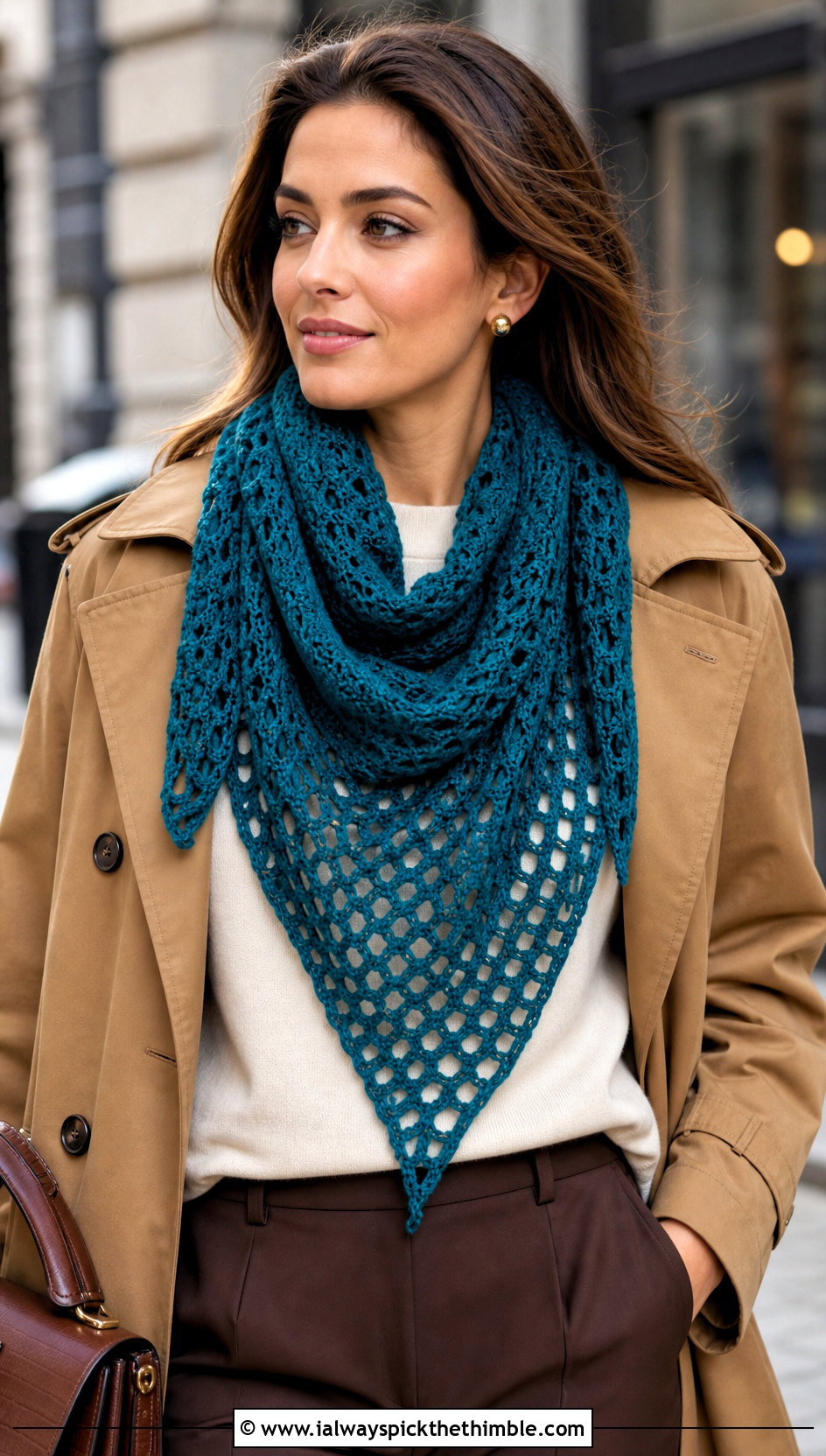 Triangle Crochet Mesh Scarf With Trench Coat And Trousers - 20 Crochet Mesh Scarf outfit ideas