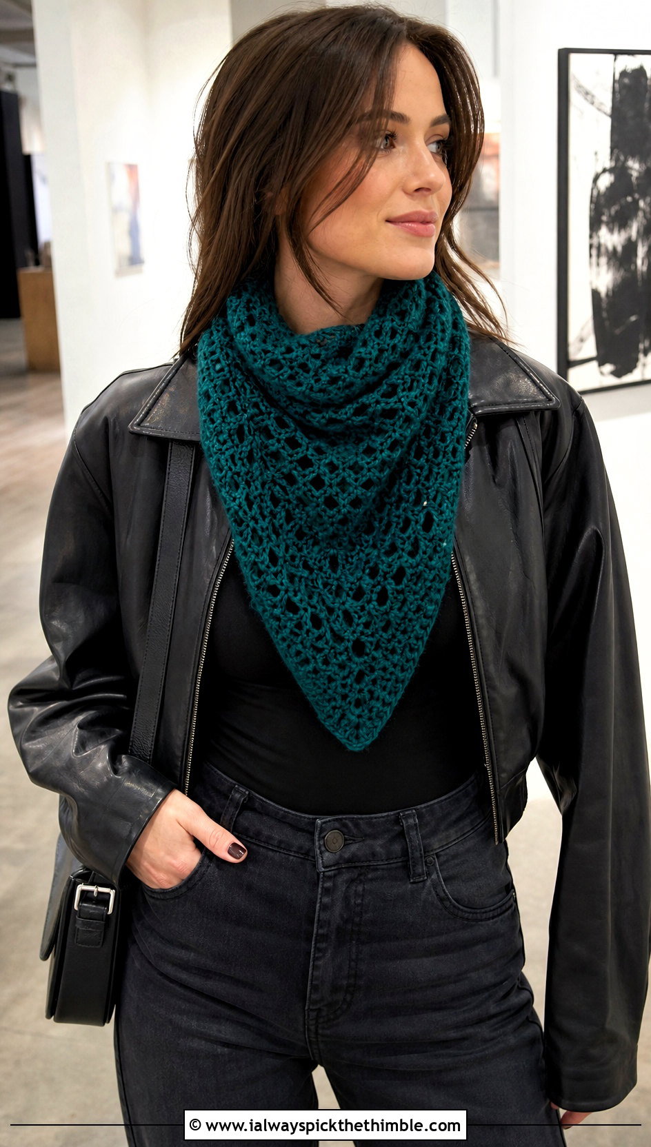 Triangle Crochet Mohair Scarf With Leather Jacket - 20 crochet mohair scarf outfit ideas