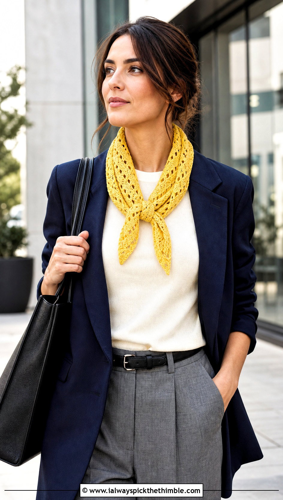 Triangle Crochet Neckerchief With Blazer And Trousers - 25 small crochet scarf outfit ideas