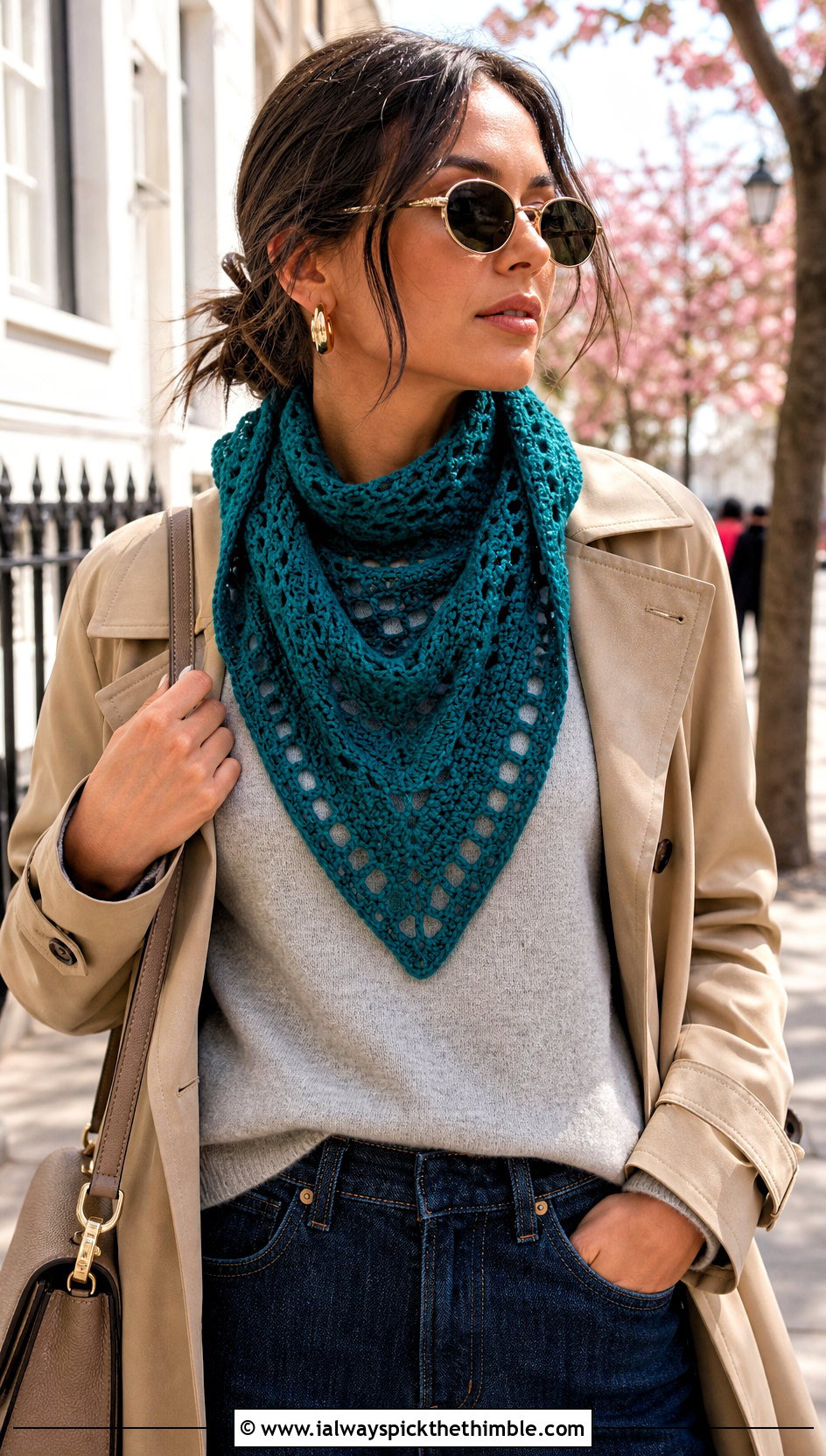 Triangle Crochet Neckerchief With Trench Coat And Wide Leg Jeans - 15 Small Neck Crochet Scarf outfit ideas