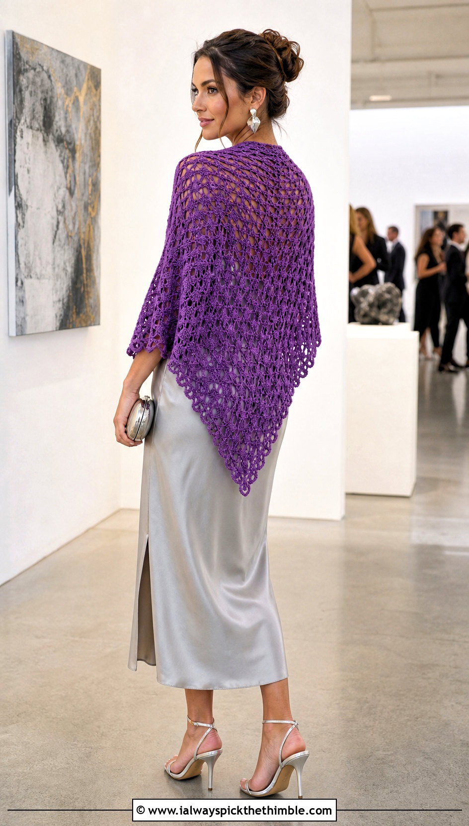 Triangle Crochet Poncho Shawl With Satin Slip Dress - 20 crochet poncho shawl outfit ideas