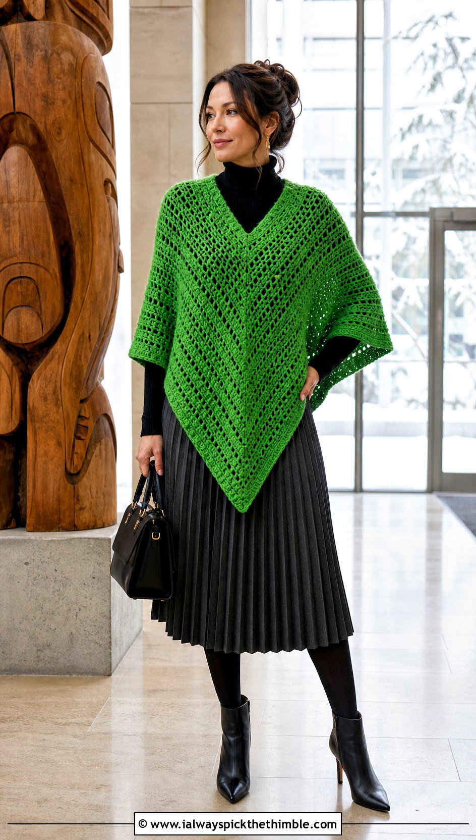 Triangle Crochet Poncho With Pleated Midi Skirt - 20 woman winter crochet poncho outfit ideas