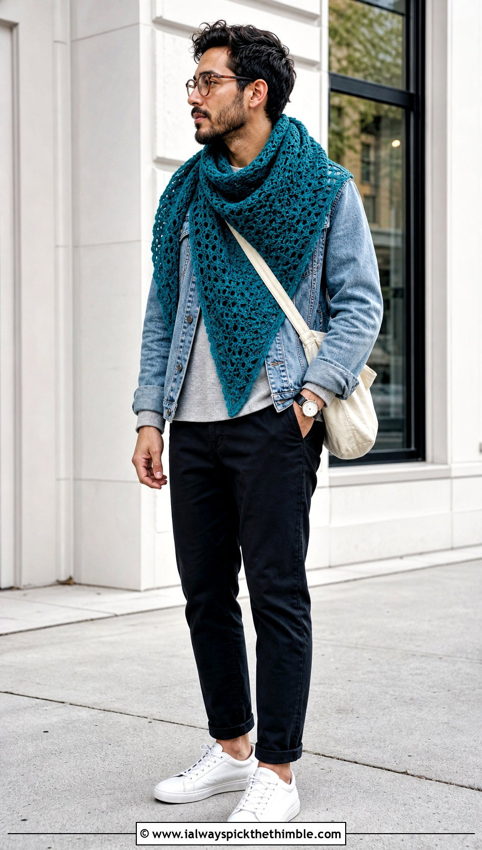 Triangle Crochet Prayer Shawl With A Denim Jacket - 20 Mens Crochet Prayer Shawl outfit ideas