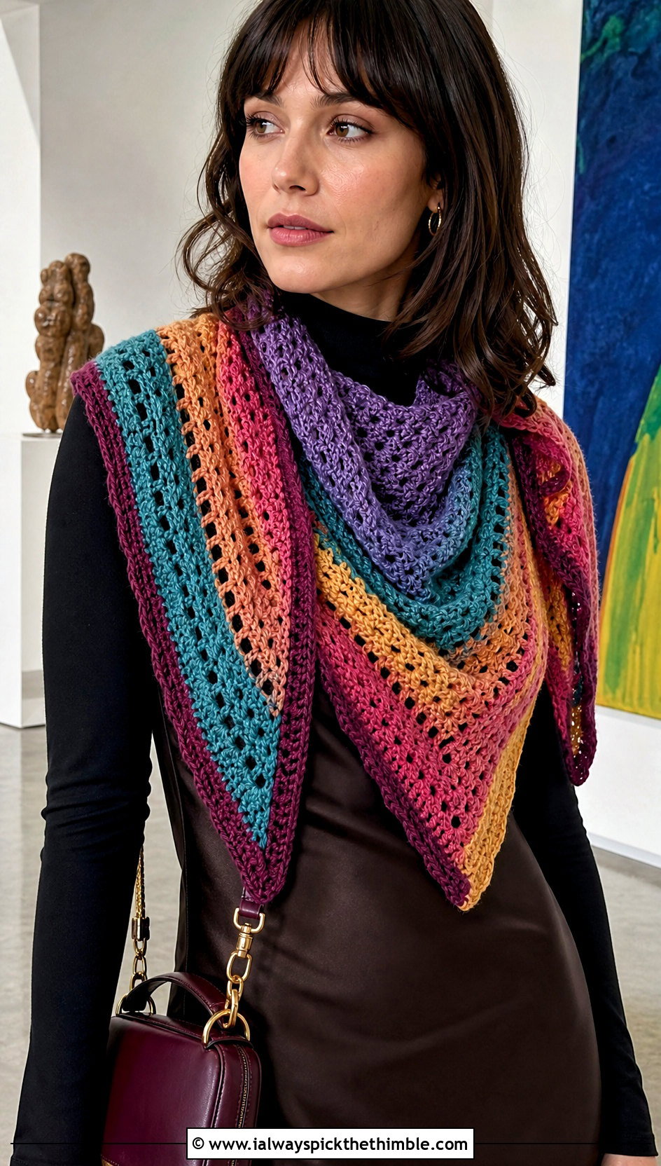 Triangle Crochet Rainbow Scarf With Slip Dress And Boots - 15 Crochet Rainbow Scarf outfit ideas