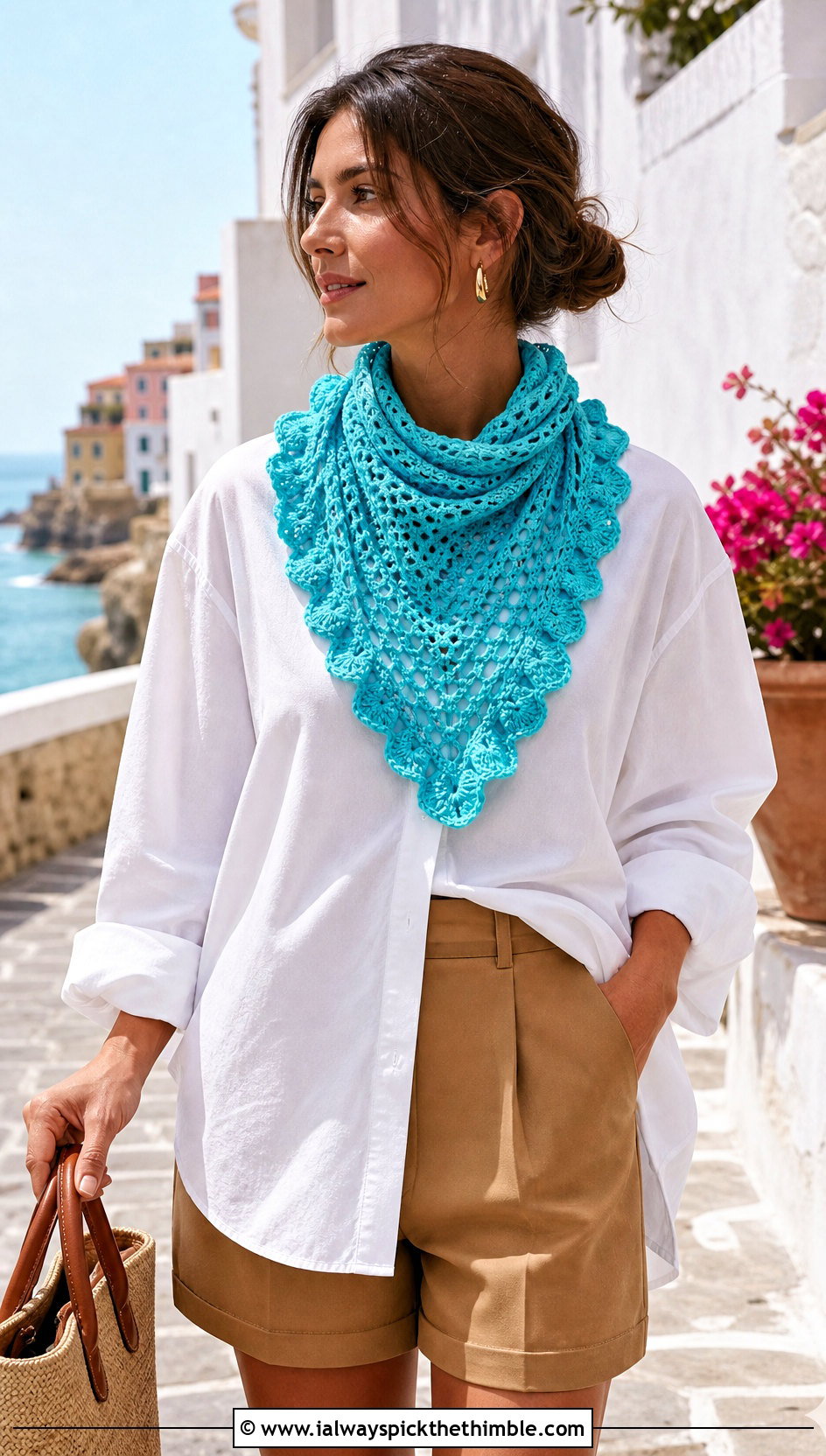 Triangle Crochet Ruffle Scarf With White Shirt And Bermuda Shorts - 20 crochet ruffle scarf outfit ideas