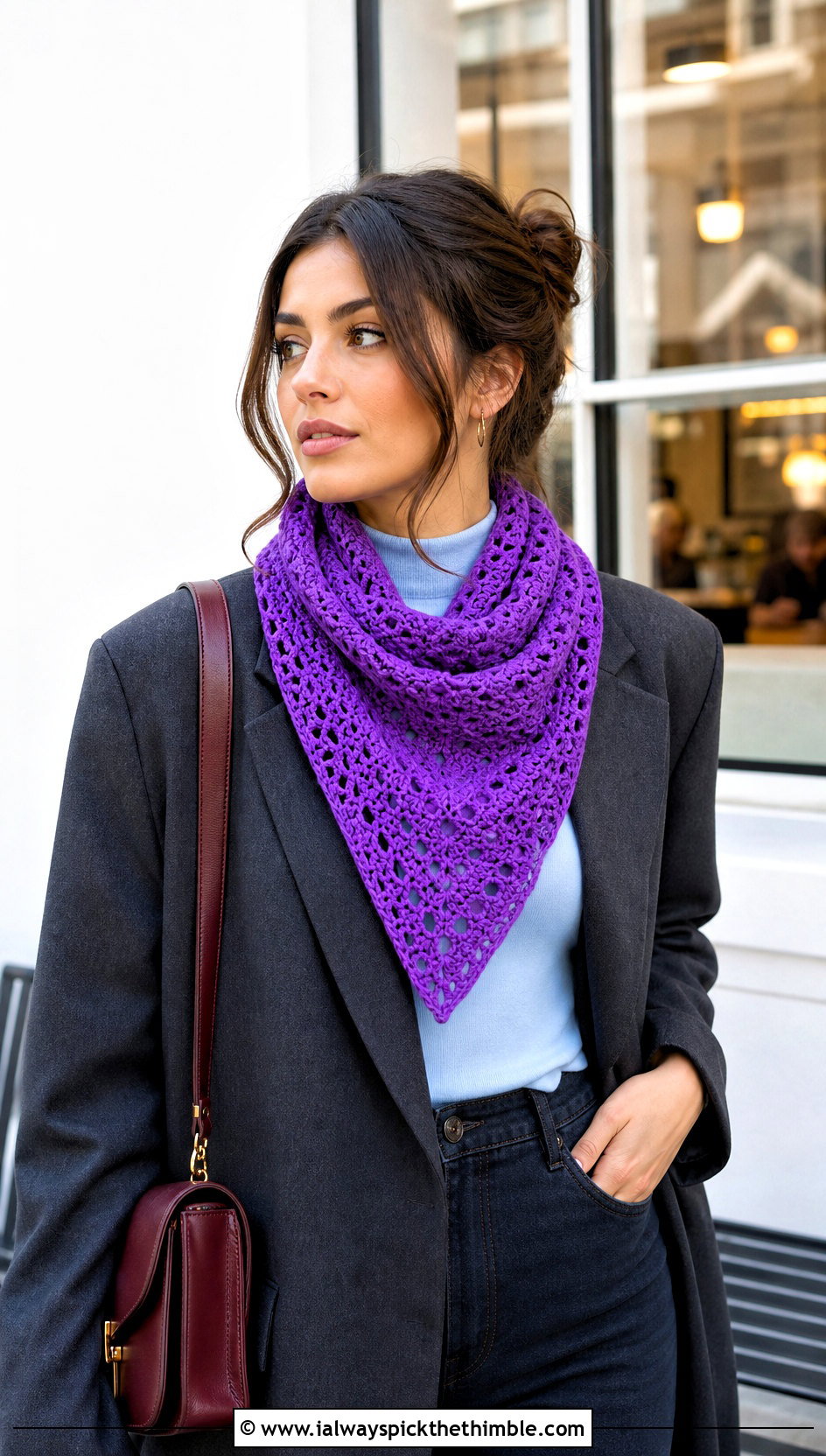 Triangle Crochet Scarf With Blazer And Jeans - 25 Winter Crochet Scarfs For Women outfit ideas