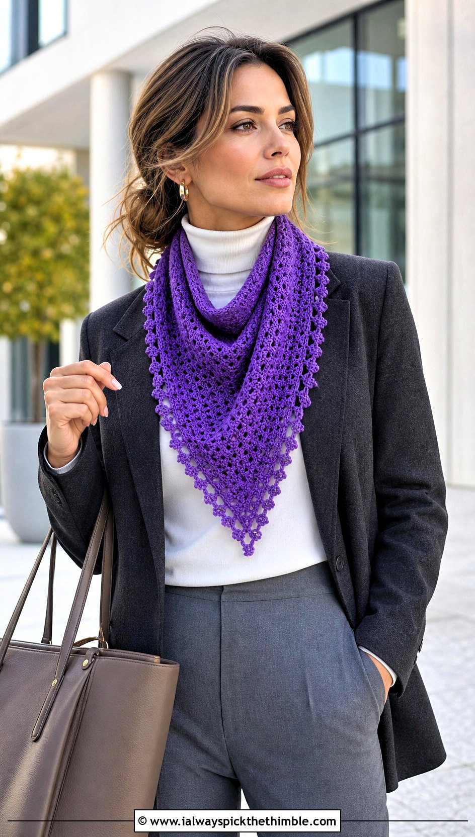 Triangle Crochet Scarf With Blazer And Tailored Trousers - 15 Winter Crochet Scarf Design outfit ideas