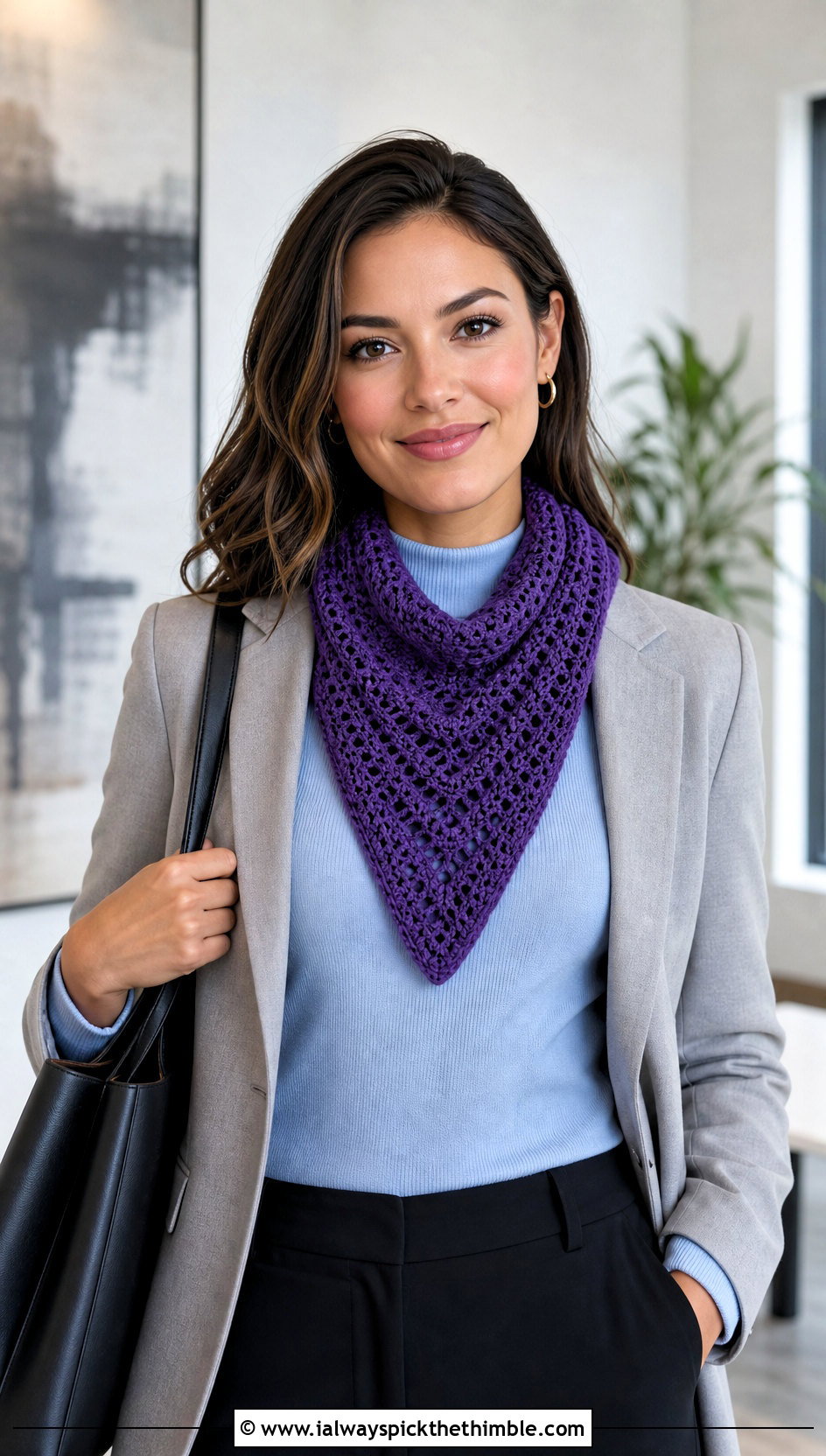 Triangle Crochet Scarf With Blazer And Trousers - 15 Crochet Fall Scarf outfit ideas