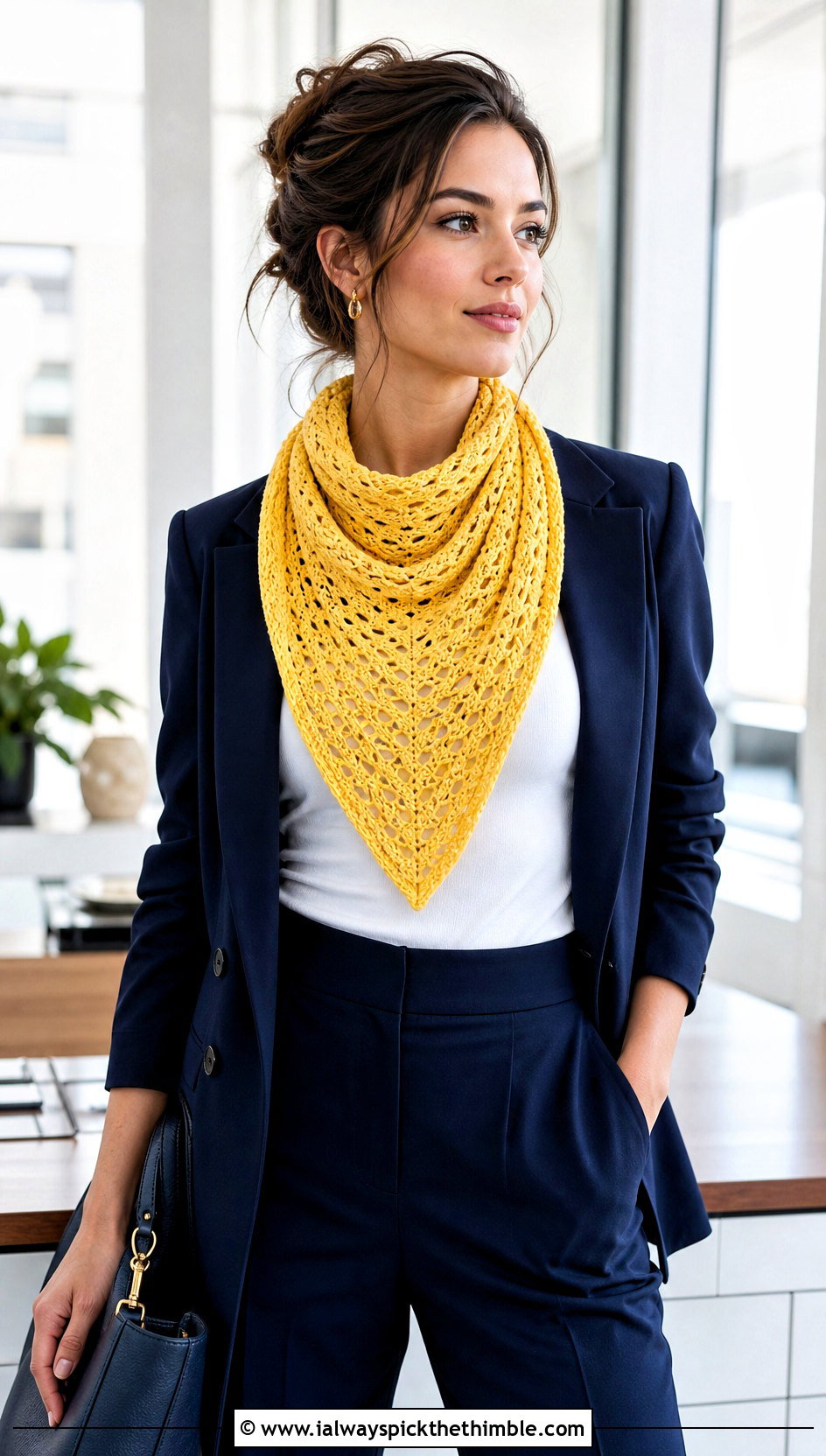 Triangle Crochet Scarf With Blazer And Trousers - 20 easy crochet scarfs outfit ideas