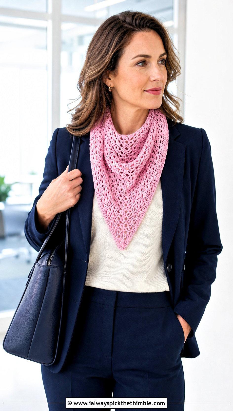 Triangle Crochet Scarf With Blazer And Trousers - 15 beginner crochet scarf design outfit ideas