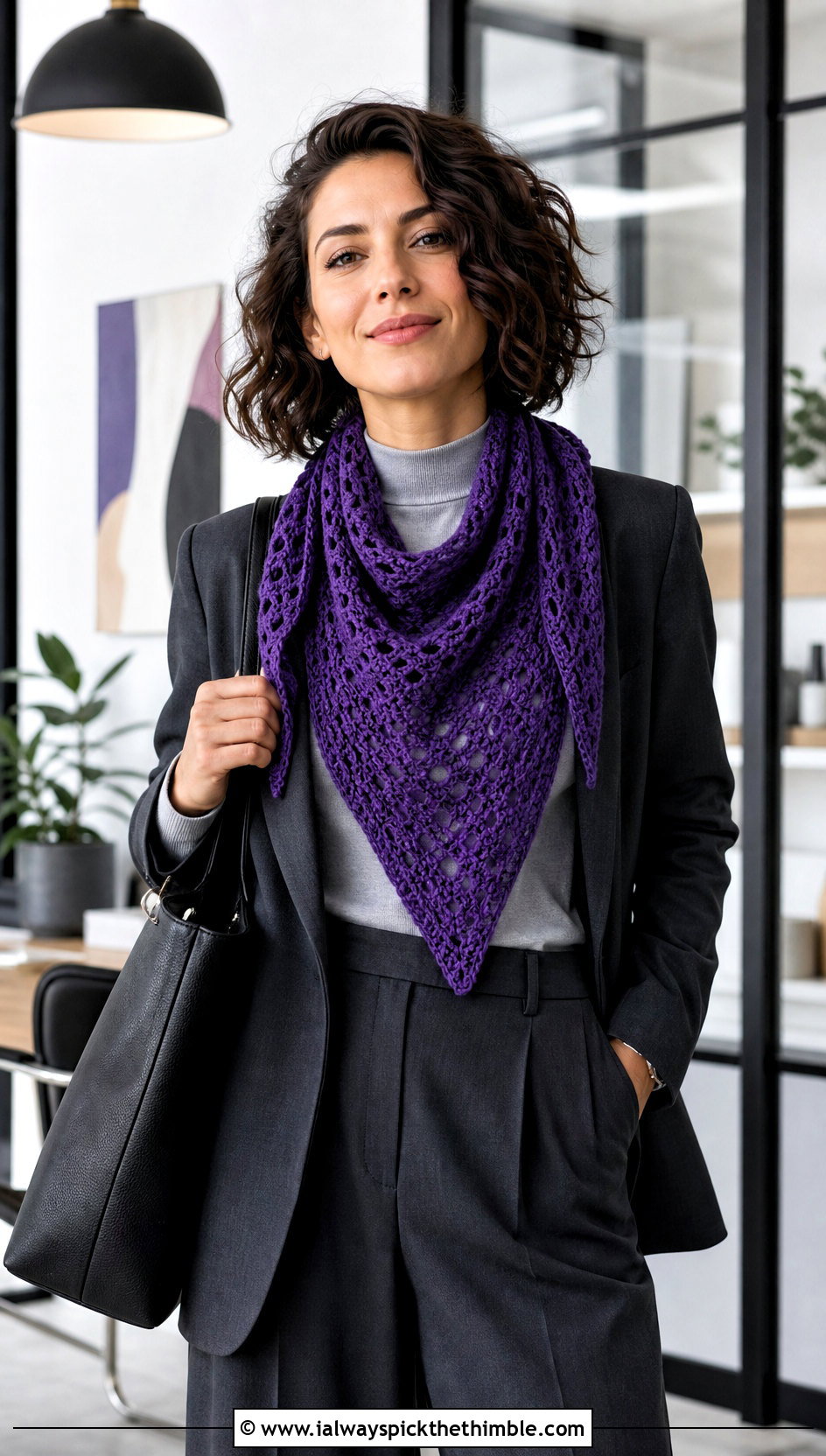 Triangle Crochet Scarf With Blazer and Wide Leg Trousers - 25 fall crochet scarf outfit ideas
