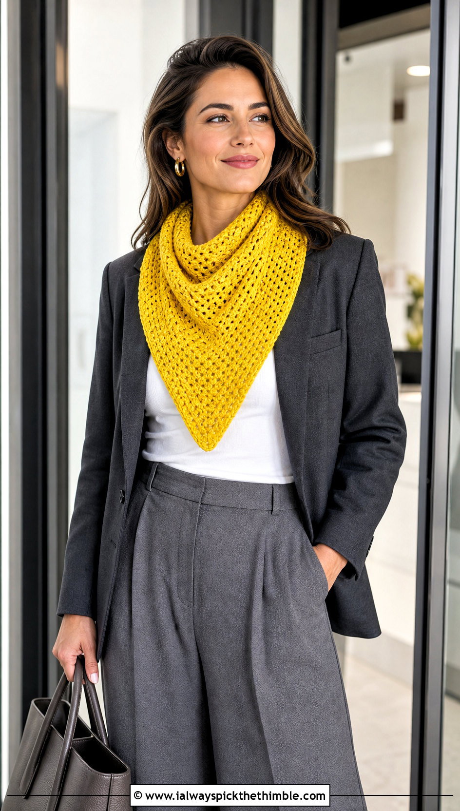 Triangle Crochet Scarf With Blazer - 20 Crochet For Beginners Scarf outfit ideas