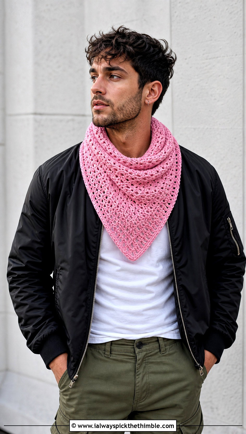 Triangle Crochet Scarf With Bomber Jacket - 20 male crochet scarf outfit ideas