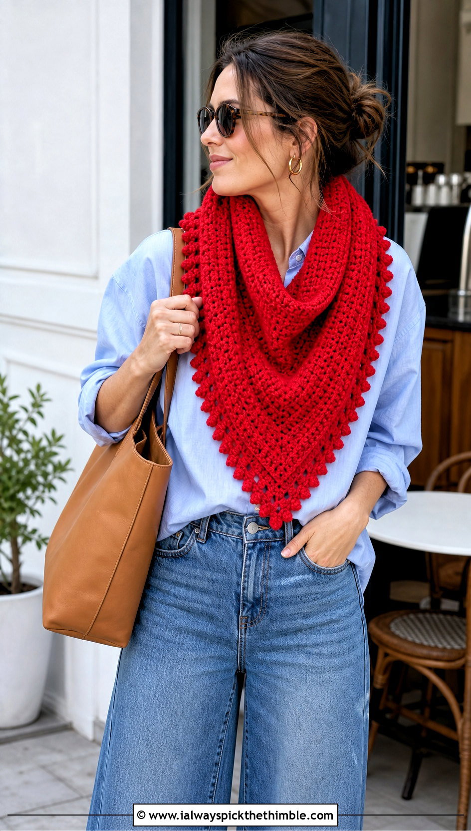 Triangle Crochet Scarf With Button Down Shirt - 20 Crochet Scarf For Beginners outfit ideas