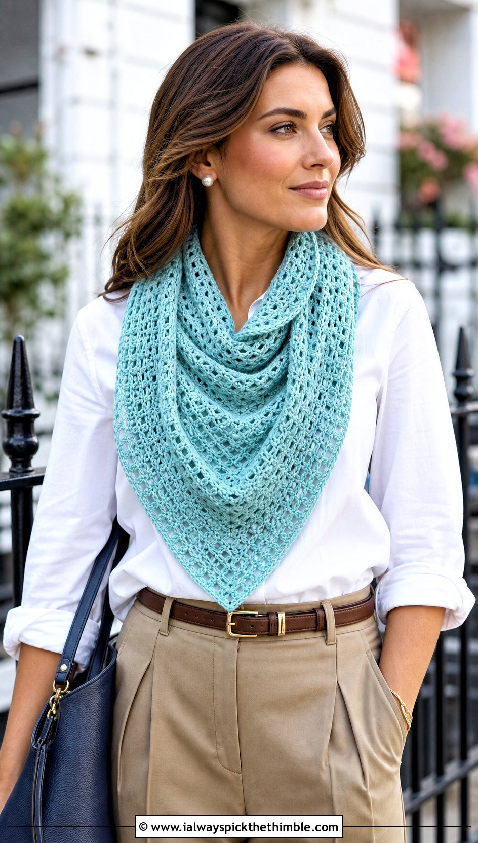 Triangle Crochet Scarf With Button Down Shirt - 20 Beginner Crochet Projects Scarf outfit ideas