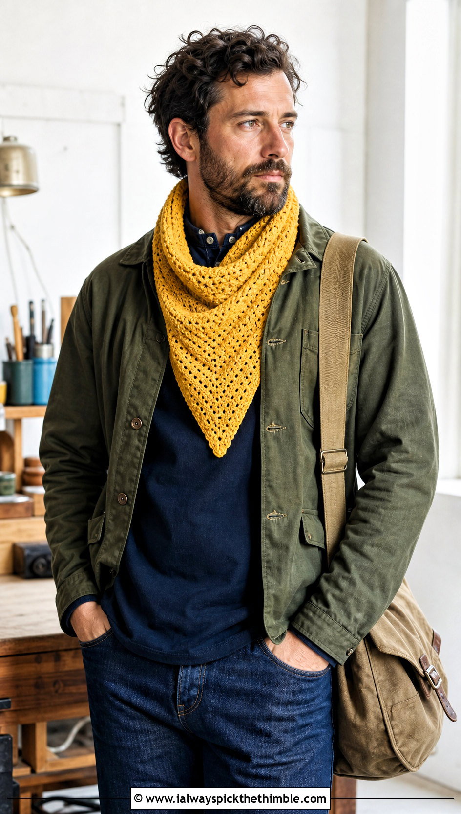 Triangle Crochet Scarf With Chore Coat - 20 Mens Crochet Scarf outfit ideas