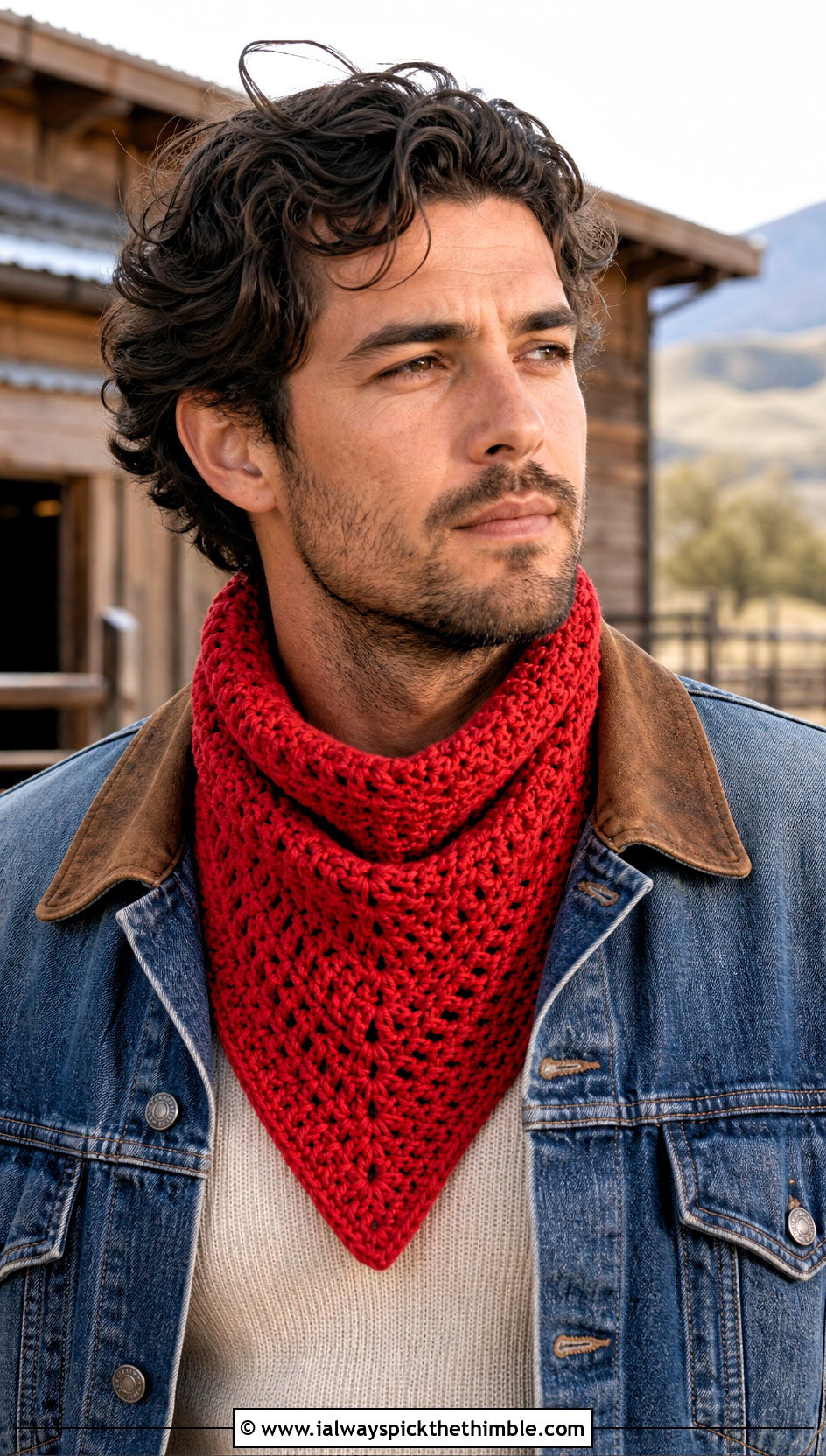 Triangle Crochet Scarf With Denim Jacket - 25 crochet scarf for men outfit ideas