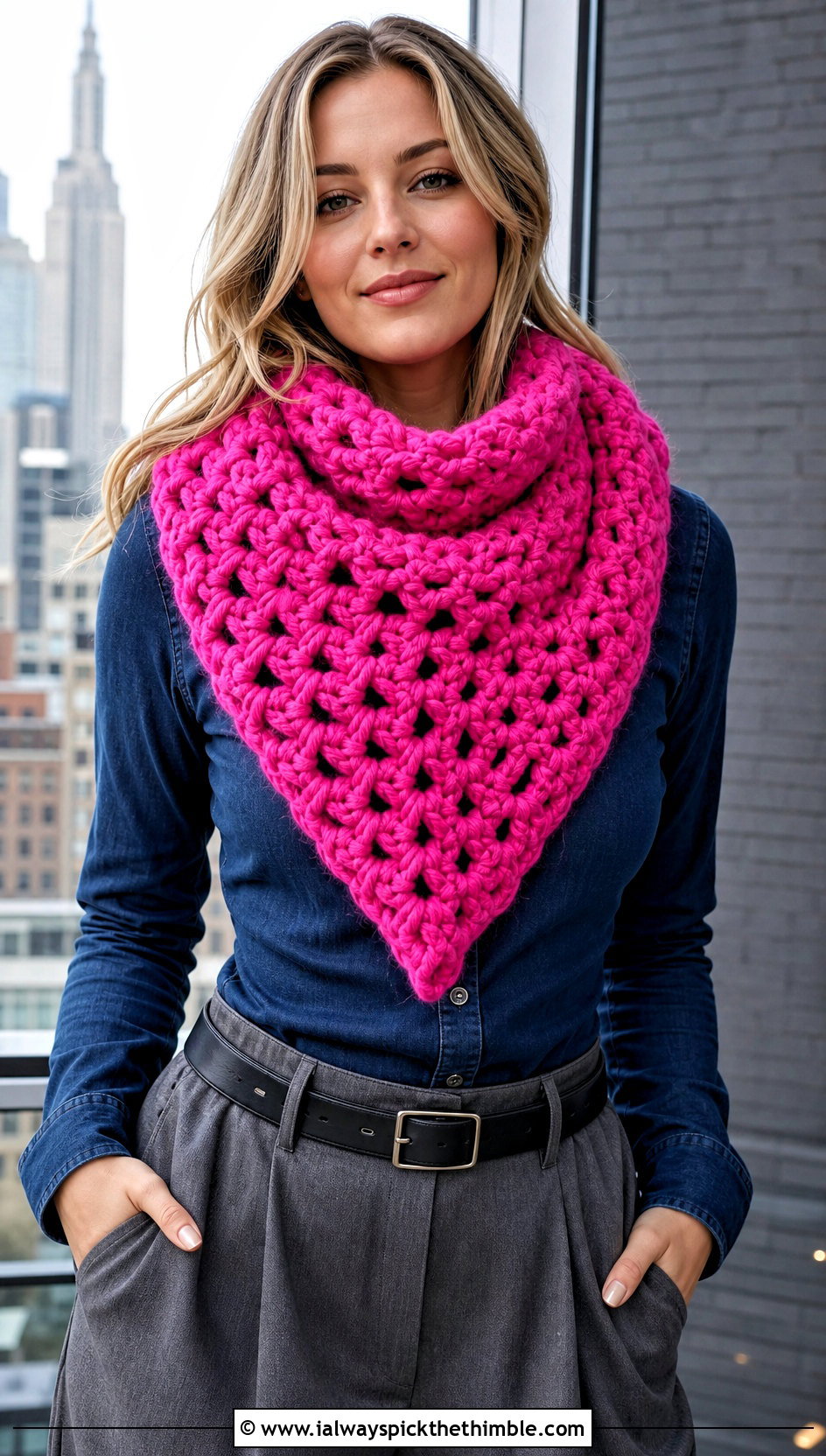 Triangle Crochet Scarf With Denim Shirt And Wide Leg Pants - 15 Super Bulky Crochet Scarf outfit ideas